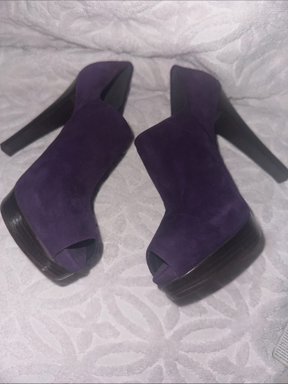 Stuart Weitzman Deep Purple Suede Peep-Toe Platform Heels